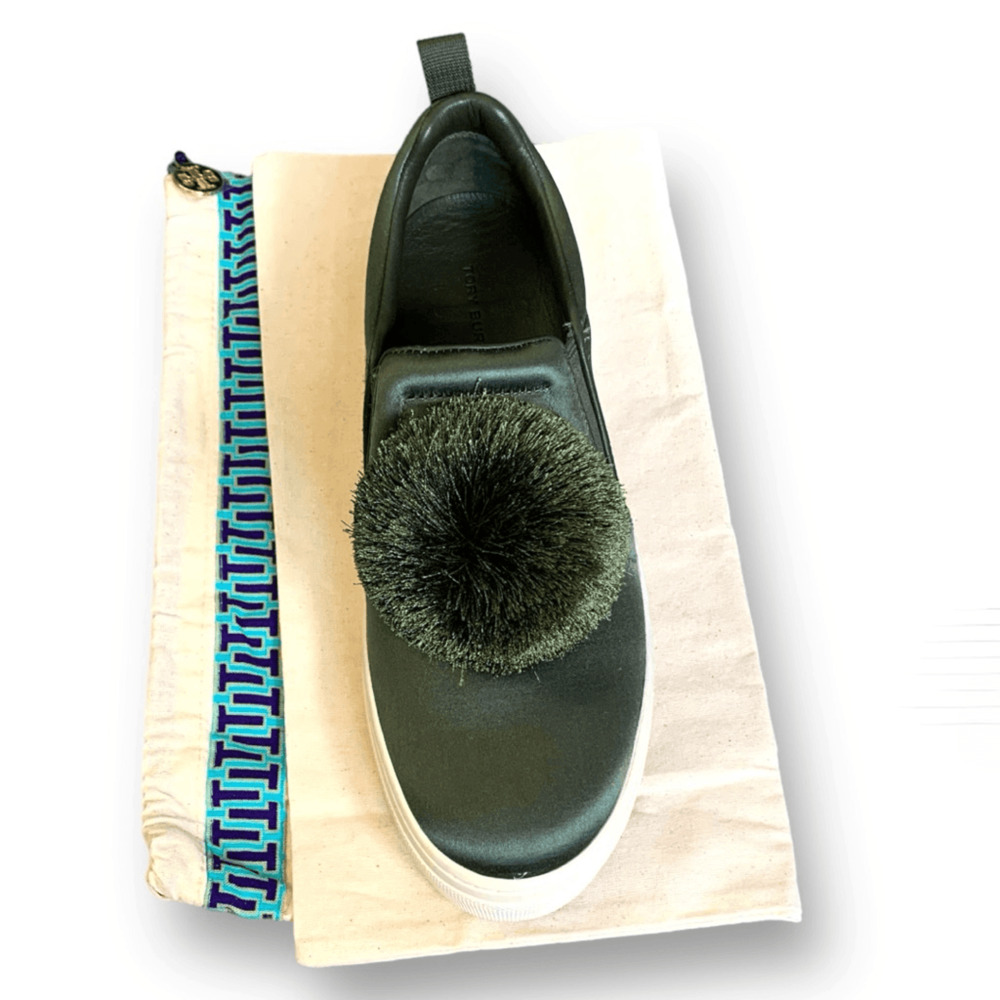 Tory Burch Daphne Pom Pom Satin Lux Slip On Sneaker Green Size 8 New Dust Bag